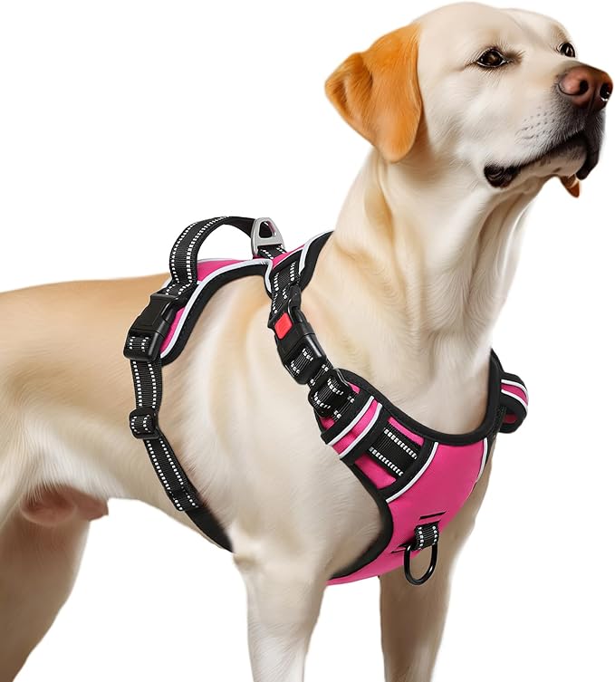 Timos Dog Harness, 3 Snap Buckles No-Pull Soft Padded Dog Vest with 2 Metal Leash Clips, Adjustable Reflective No Choke Pet Harness with Easy Control Handle for Extra Large Dogs,Rosy,L