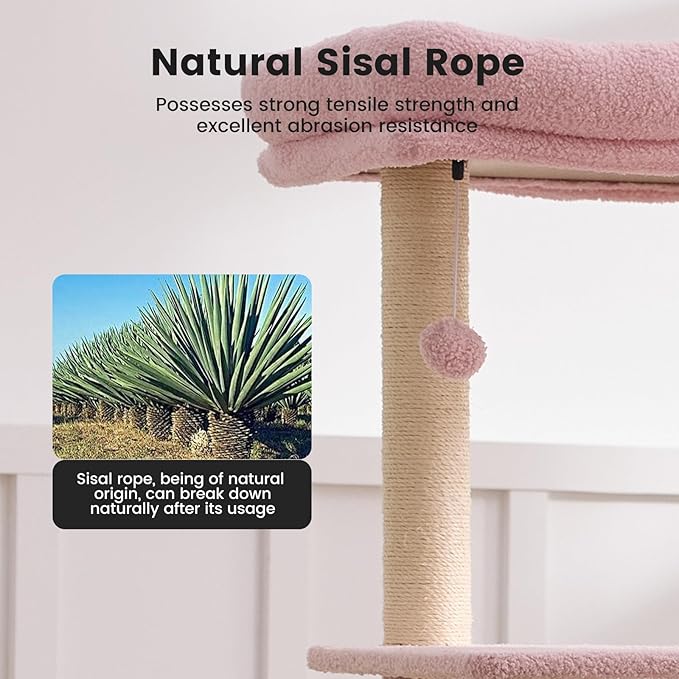 Gardner Pet 65in Heavy Duty Cat Tree Tower for Large Cats, Multi-Level Cat Furniture with Replaceable Sisal Scratching Post, Hammock | Extra-Large Platform & Condo (Pink&Green, Basic φ:2.84")