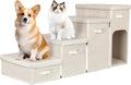 Dog Stairs with Storage, Folding Pet Steps with Zip for Small Dogs and Cats, 4-Step Pet Stairs with Pet House for High Bed, Couch and Car Ramp, Up to 200 Lbs (Beige, 4 Steps with Condo)