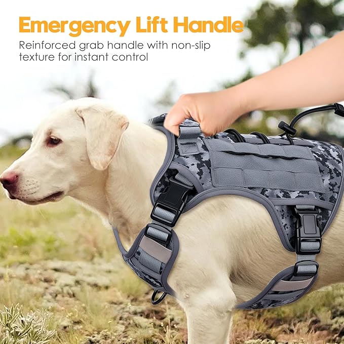 Heavy-Duty Tactical Dog Harness for Large Dogs, No Pull Adjustable Reflective Pet Vest with Molle System, K9 Military-Grade Control for Service Training, Outdoor & 10+ Breeds, Gray Camo, X-Large