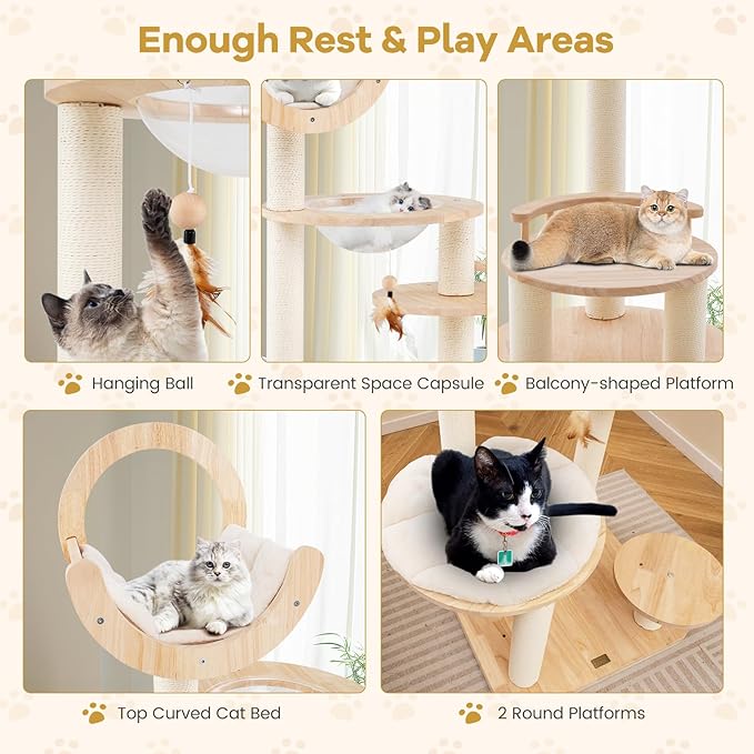 PETSITE 57 Inches Tall Wooden Cat Tree, Multi-Level Cat Tower with Scratching Posts, Space Capsule Bed, Padded Platform and Hanging Ball, Modern Transformable Cat Tree Tower for Indoor Cats Large