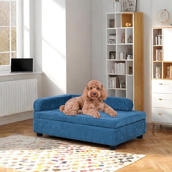 AFBKSS&BB Pet Sofa with Hidden Storage for Puppy and Cat,Linen Fabric Dog Sofa,Cat Couch with Wooden Frame (Blue)