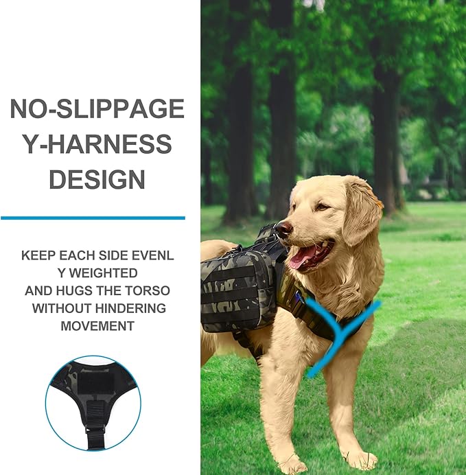 BYGD Dog Saddle Backpack for Hiking, Lightweight Waterproof Harness with Removable Bags for Large Dogs, Outdoors (Camo)