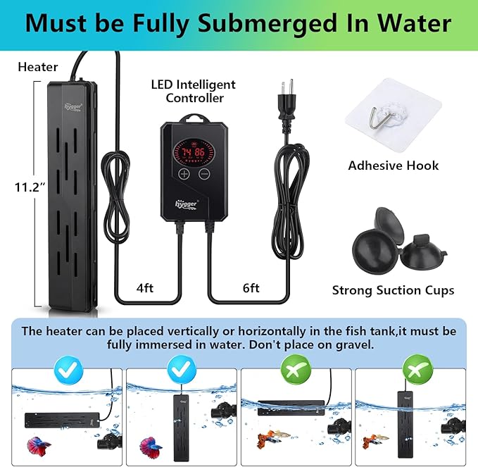 hygger Aquarium Heater 300W,Fish Tank Heater with Digital LED Controller,Overheating & Auto Shut Off Protection,Memory Function,Submersible Fish Heater for Saltwater & Freshwater Fish Tank 25-80Gallon