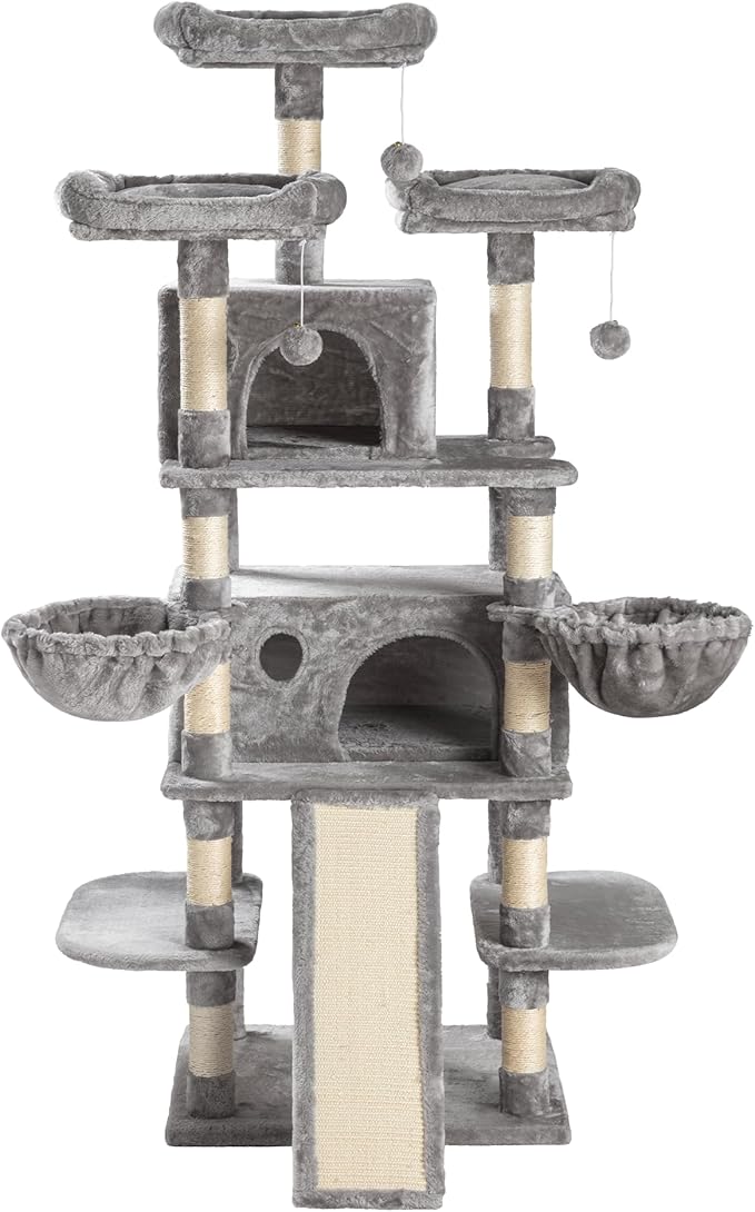SHA CERLIN 68 Inches Multi-Level Large Cat Tree for Large Kitties/Big Cat Tower with Condo/Cozy Plush ‌Pussycat Perches/Sisal Scratching Posts and Hammocks/Activity Center/Grey