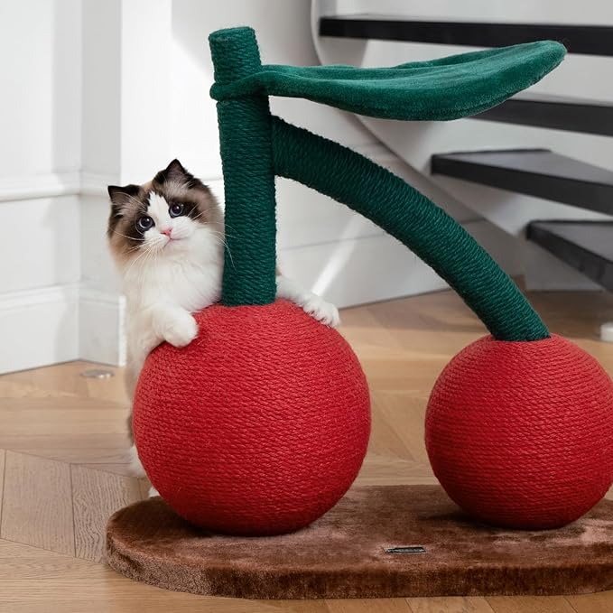 VETRESKA Cat Scratching Post, Large Cherry Cat Scratcher with Hammock, Tall Cat Scratch Interactive Toy with Natural Sisal Rope for Indoor Cats, Kittens