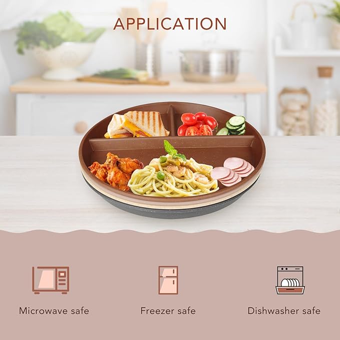 greenandlife 9 Inch 4PCS Unbreakable Portion Control Plates, Divided Plates for Kids Adults, Dishwasher & Microwave Safe Compartment Plate, Lightweight Reusable Wheat Straw Plate, BPA Free