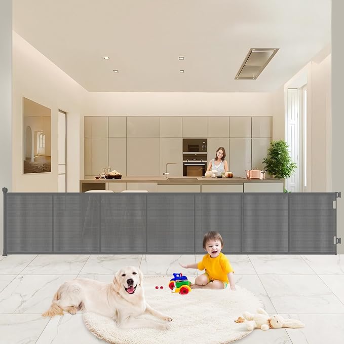 Upgrade 120" Retractable Baby Gates Extra Wide with Reinforced Strips, 10 FT Retractable Dog Gate for Garage, 41" Tall Retractable Gate Indoor Outdoor for Pet and Baby-Grey