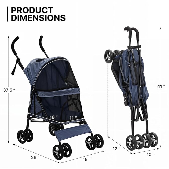MoNiBloom 4 Wheels Pet Stroller, Easy-Fold Puppy Cage Jogger Stroller with Sun Cover, Pad and Rear Storage Bag, Breathable and Visible Mesh for Small/Medium Pets up to 22 lbs, Navy Blue