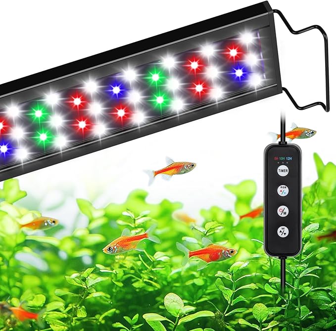 AQQA Full Spectrum Aquarium Light,Fish Tank Lights for Plant Growth Fish Viewing,3 Mode White Blue Red Green LED Beads,Timer,Adjustable Brightness,Extendable Brackets for Freshwater 18W for 18-24inch