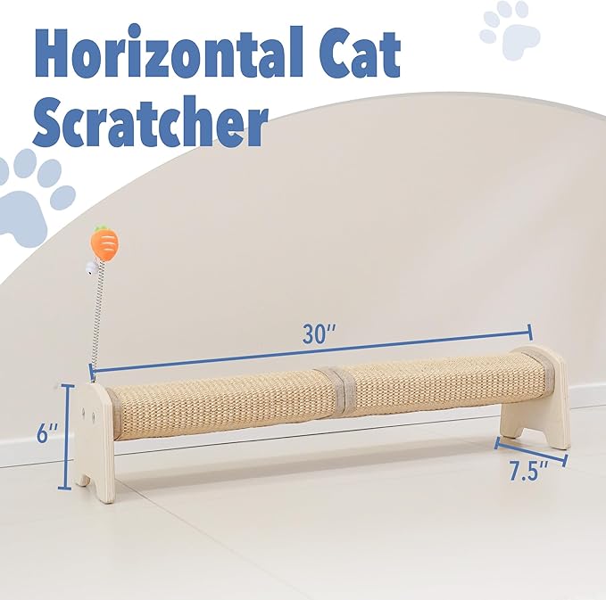 Cat Scratching Post, 30" Horizontal Sisal Scratch Post for Indoor Cats, Durable Cat Furniture Protector with Spring Toy