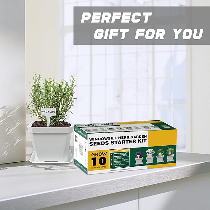 10 Herb Seeds Garden Starter Grow Kit with White Pots, Markers, Nutritional Soil, Watering, Herb Clipper, Complete Indoor Potted Plant Growing Set for Kitchen DIY