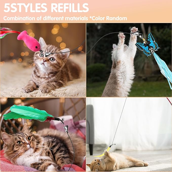 Retractable Cat Toy Wand, 12 Packs Interactive Cat Feather Toys, 9 Assorted Teaser Refills with Bell for Kitten (Pink)