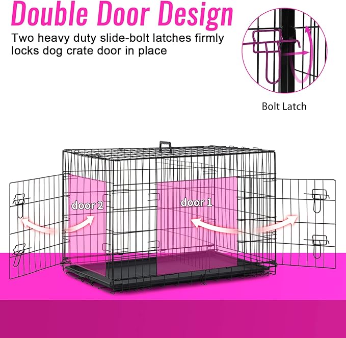 FDW Dog Crate for Large Dogs 48 Inch Folding Metal WirePet Cage Double Door W/Divider Panel Indoor Outdoor Kennel Leak-Proof Plastic Tray,Black