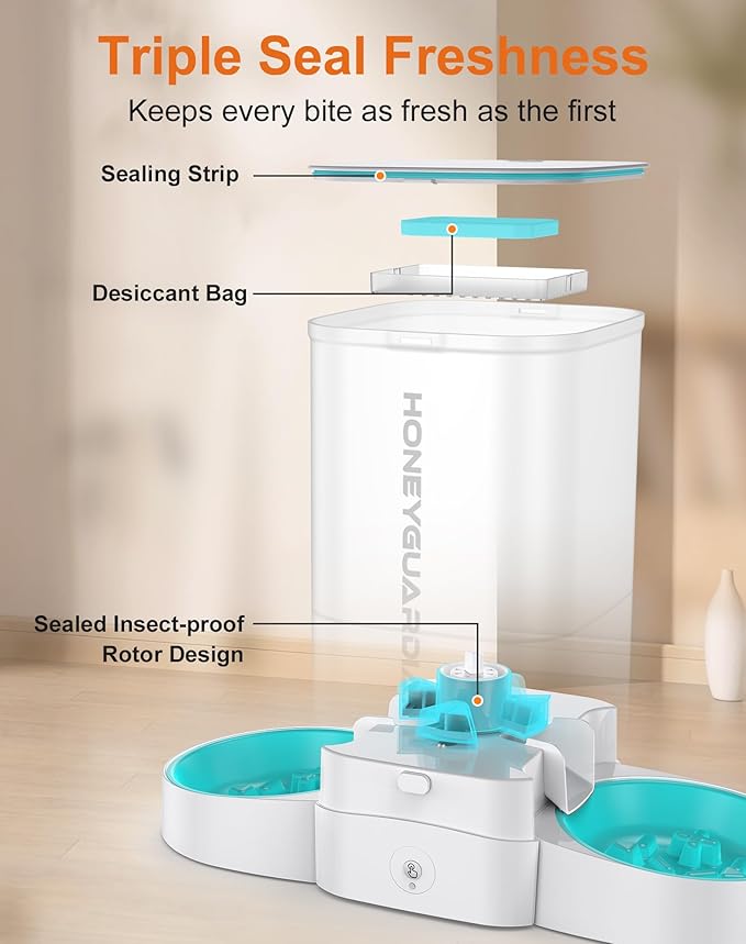 HoneyGuaridan 5L Automatic Cat Feeder for Two Cats, 2.4G WiFi Enabled Smart Feed Pet Feeder with Slow Feeder Bowl,APP Control Dispenser, Dual Power Supply,Desiccant Bag,10s Meal Call White