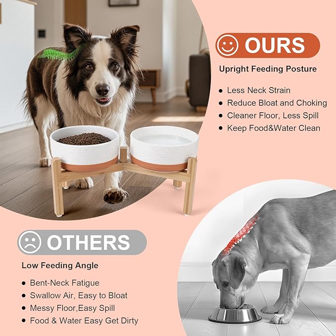 SPUNKYJUNKY Elevated Dog Bowls Ceramic, 7.3'' Dogs Food Water Bowls Raised with Non-Slip Bamboo Stand for Medium to Large Sized Breed Microwave Dishwasher Safe - 42 OZ,Pattern White