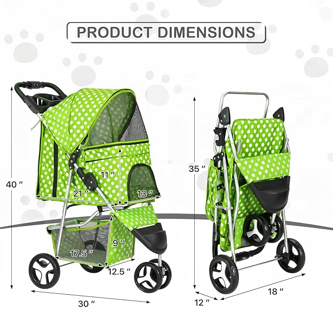 MoNiBloom 3 Wheels Pet Dog Cat Stroller for Small Medium Dogs Cats, Foldable Jogger Stroller w/Storage Basket and Cup Holder, Lawn Green Polka Dots