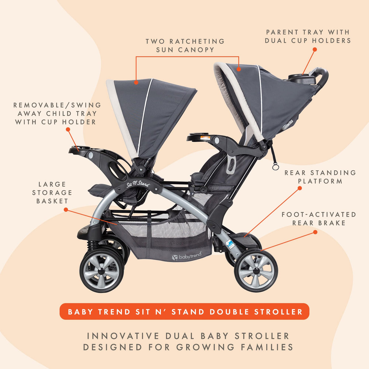 Baby Trend Double Infant and Toddler Stroller w/ Harness and Basket, Sit N' Stand, Stormy - Convertible Twin and Tandem Strollers for Babies
