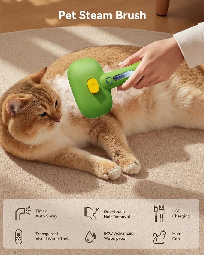 ROJECO 3-in-1 Pet Steam Brush for Cats&Dogs - Detangling Comb with Adjustable Mist, Handheld Deshedding Grooming Tool for Long/Short Hair, Massage Brush & Shedding Control Gift,Cordless (Green)
