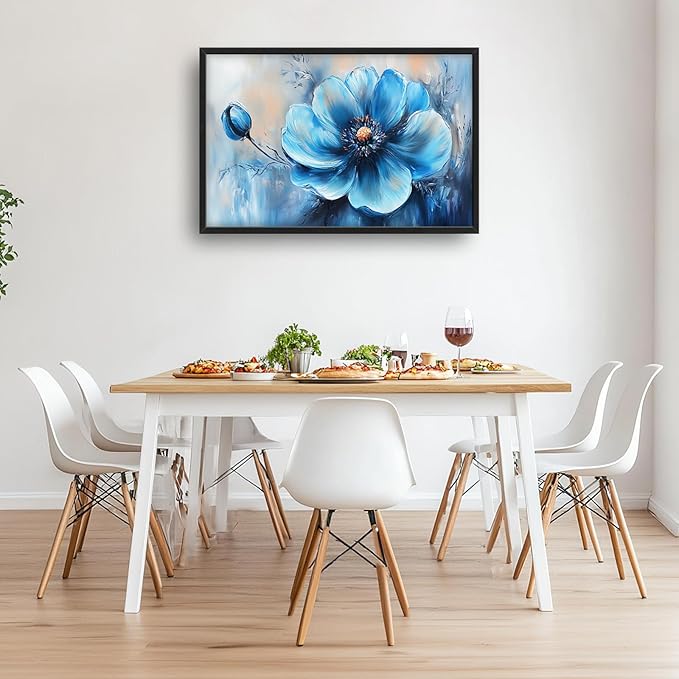 Extra Large Abstract Blue Flower Framed Wall Art for Living Room,Oversized Elegant Floral Pictures Wall Decor,Canvas Print Painting Modern Artwork Bedroom Office Bathroom 36L" x 24W"