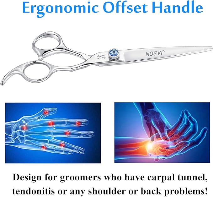 JASON 7" Straight Dog Grooming Scissors, Ergonomic Pets Grooming Shears, Premium Cats Trimming Kit with Offset Handle and Jewelled Screw, Sharp, Comfortable