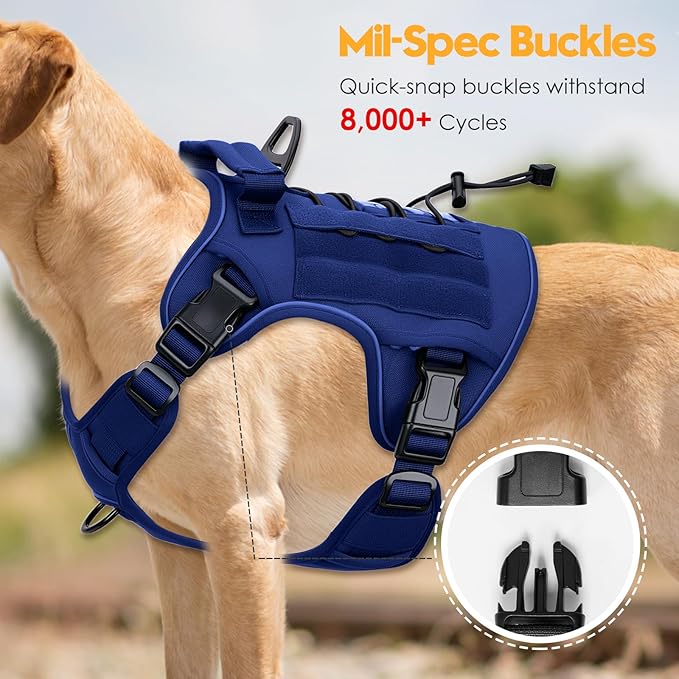 Heavy-Duty Tactical Dog Harness for Large Dogs, No Pull Adjustable Reflective Pet Vest with Molle System, K9 Military-Grade Control for Service Training, Outdoor & 10+ Breeds, Dazzling Blue, Large