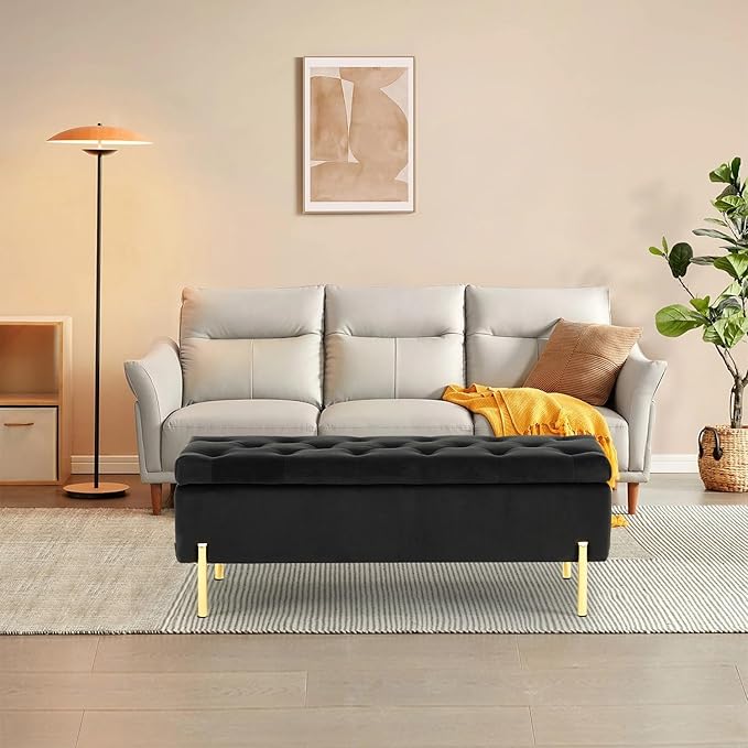 Velvet Storage Bench Ottoman,Versatile Seating with Hidden Storage,End of Bed Bench,Tufted Bench for Bedroom,Living Room,Entryway,Black