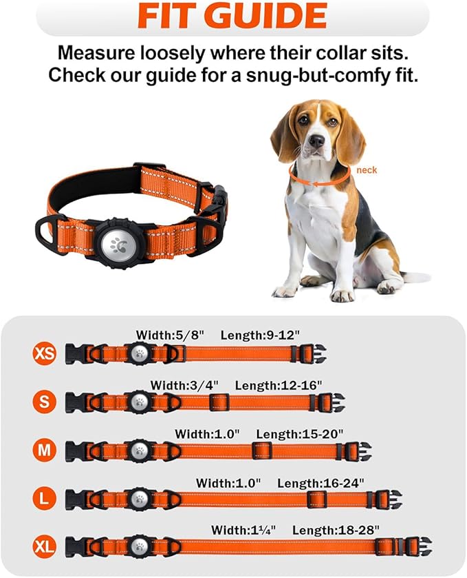 TagME Airtag Dog Collar,Waterproof Reflective Pet Collar with Airtag Holder,Soft Padded and Double D-Rings for Medium Dogs,Orange