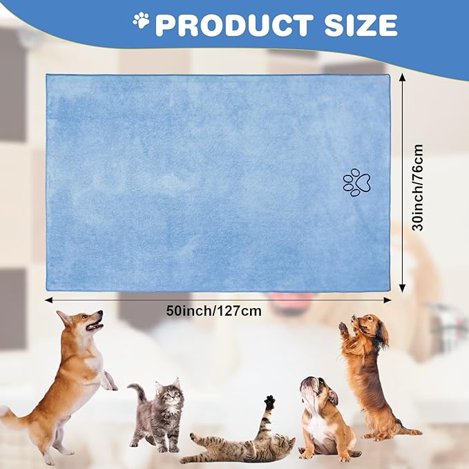 Chumia 4 Pack Dog Towels for Drying Large Microfiber Grooming Tools Absorbent Soft Bath Supplies with Embroidered Paw for Small Medium Pet Products (30 x 50 Inch,Light Blue)