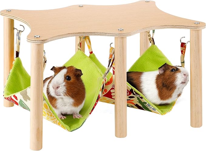 Guinea Pigs Hammock with Natural Wooden Stand- Large Hanging Hammock Bed for Piggies Chinchilla Hamster Bunny Ferrets Hiding Sleeping