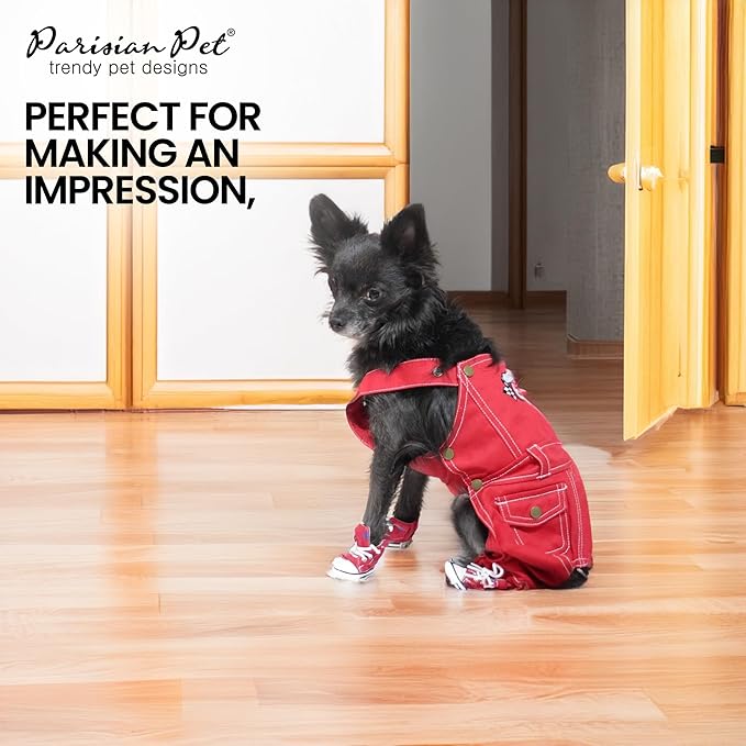 Parisian Pet Denim Overall - Embroidered Route 66 ' Red Jumpsuit - Breathable & Washable Dog Outfit - Dog Overalls XL