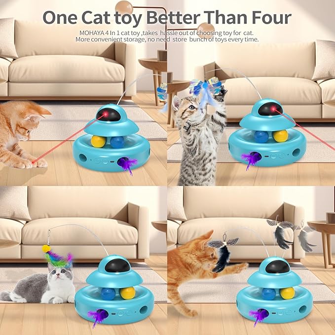 Cat Toys,4-in-1 Automatic Kitten Toy for Bored Indoor Adult Cats,lectric Flying Butterfly,Whack a Mole,Feather Track Balls,Blue