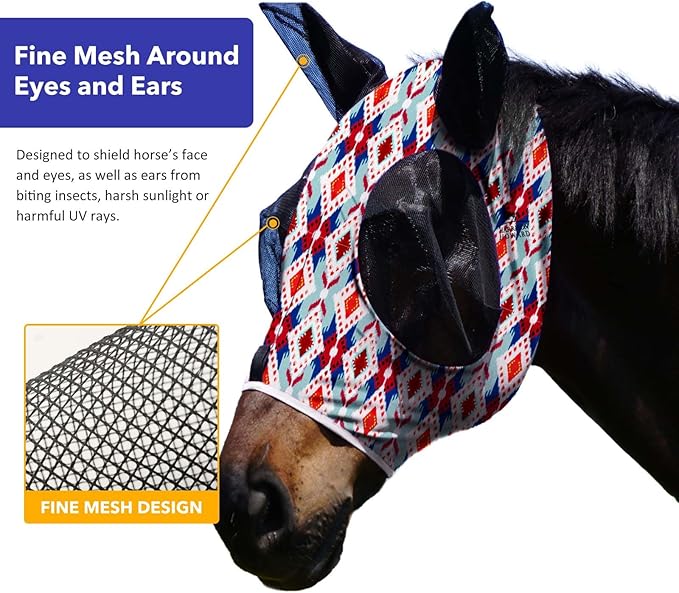 Harrison Howard Super Comfort Stretchy Fly Mask Large Eye Space with UV Protection Soft on Skin with Breathability Tribal Abstract XL Extra Full Size