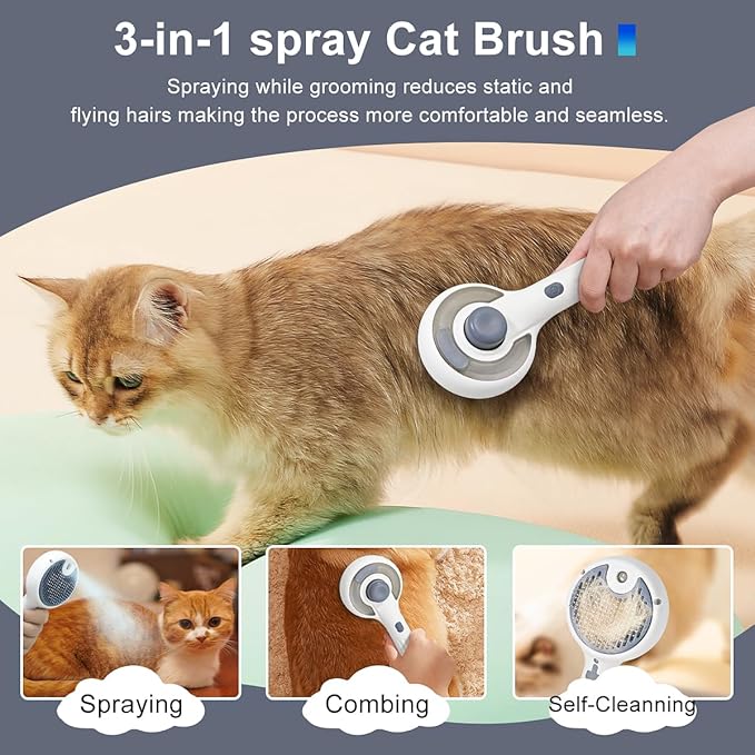 Cat Steam Brush, 3-in-1 Self-Cleaning Pet Grooming Tool with Water Spray, Shedding & Massage Comb for Long & Short Hair Cats and Dogs