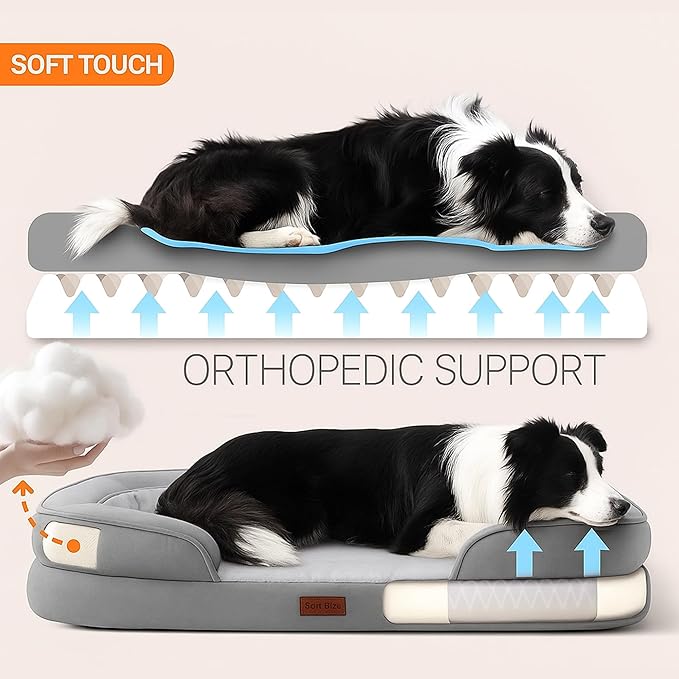 Soft Touch Orthopedic Dog Bed for Large Dogs with Faux Fur Top, Waterproof Pet Couch Bed with Removable Washable Cover and Supportive Foam Filling (Grey, Large)