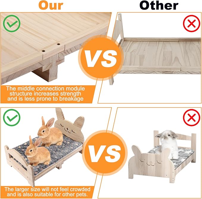Large Wooden Rabbit Bed - Easy Assemble 20.4"x12.8" Pet Bed with Support Structure & Removable Cushion for Rabbits, Guinea Pigs, Kittens & Small Animals - Cozy Sleeping Habitat