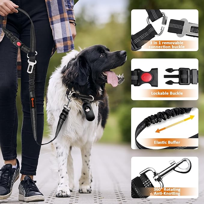 Removable Dog Seat Belt Harness for Car, 3 in 1 Pet Dog Car Seatbelt Leash, Retractable Restraint Secures to Vehicle Headrest & Adjustable Reflective Bungee Dog Seatbelt Tether, Black