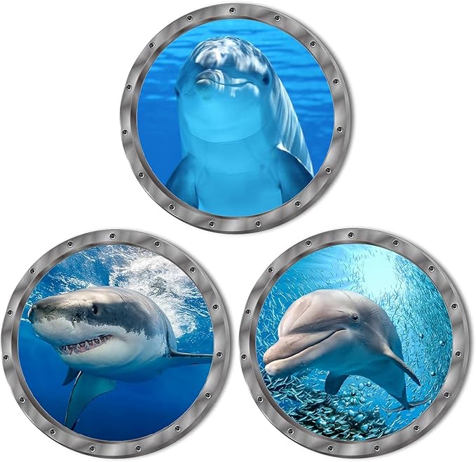 9PCS Ocean Animals World Under Sea Decor Sea Turtles Dolphins Fishes Sharks Coral Removable 3D Peel and Stick Vinyl Stickers