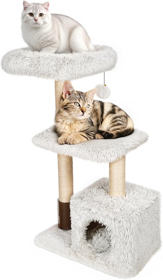 KAMABOKO 41" Tall Modern Cat Tree - Wooden Cat Tower with Cat Condo, Hammock & Top Perch, Cute Wood Cat Tree Natural Sisal Posts for Climb Scratch Play Rest