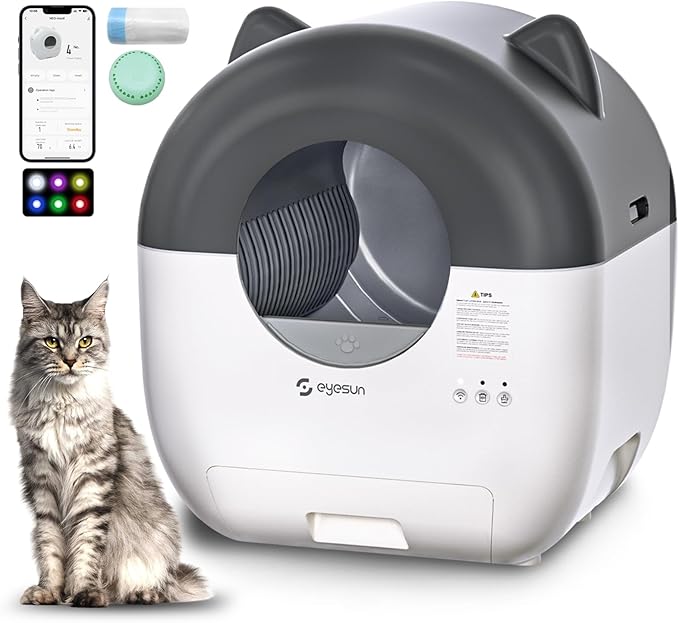 Self Cleaning Litter Box,76L Automatic Cat Litter Box Self Cleaning with APP Control,Low Noise,Safety Protection,Roll Garbage Bags,Deodorizer and Cleaning Brush for Multiple Cats