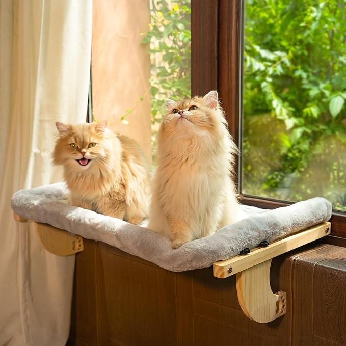 Oversized Cat Window Perch, 31.5 x 14.96 in, Cat Window Hammock with Plush Bolster for Large Felines and Multi Felines, Adjustable Cats Bed for Windowsill, Bedside, Cabinet & Drawer (Gray)