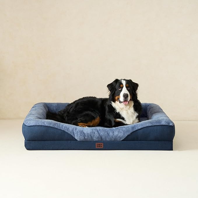 EHEYCIGA Memory Foam XL Dog Bed for XLarge Sized, Extra Large Orthopedic Dog Sofa with Sides and Waterproof Liner, Washable Bolster Pet Couch with Removable Cover, 42x30x7.5 Inch, Navy