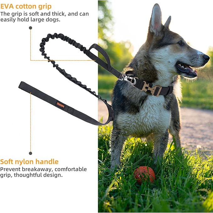 EXCELLENT ELITE SPANKER Tactical Bungee Dog Leash Military Adjustable Dog Leash Quick Release Elastic Leads Rope with 2 Control Handle(Black