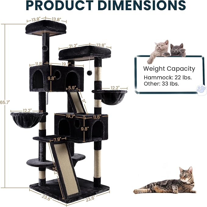 SHA CERLIN 65in Larger Cat Tree Tower Condo for Indoor Kitties/Multi-Level Furniture Activity Center with Wide Base/Cozy Plush Cat Perches/Baskets/Sisal Scratching Posts and Hammock/Dark Grey