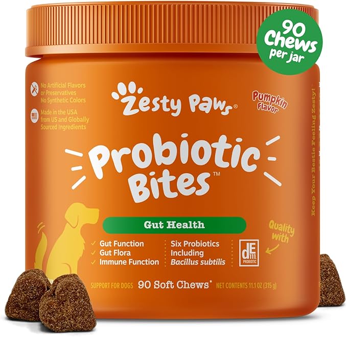 Zesty Paws Probiotics for Dogs - Digestive Enzymes for Gut Flora, Digestive Health, Diarrhea & Bowel Support - Clinically Studied DE111 - Dog Supplement Soft Chew for Pet Immune System - Pumpkin