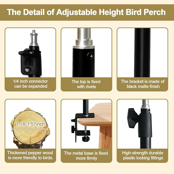 13-23 Inch Height Adjustable Desktop Bird Perch Pepper Wood Bird Training Perch Stand Parakeet Perches Indoor and Outdoor Parrot Stands for Small to Medium Bird