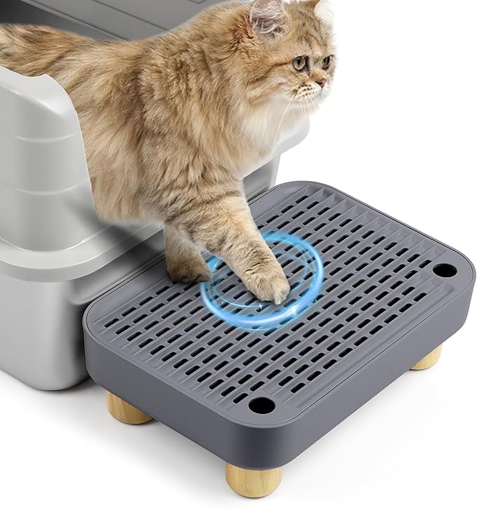 Cat Litter Box Step Ramp, Cat Litter Catcher Mat with Wooden Feet, Filter Function, Cat Pedal Stool for Self-Cleaning Cat Litter Box, Ideal for Kitten & Elderly Cats (Dark Grey)