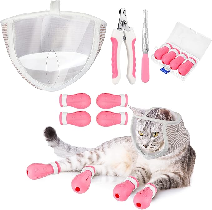 LEIFIDE 7 Pcs Cat Muzzle for Grooming Including 1 Muzzle Bathing 4 Boots 2 Nail Clippers Trimmer Breathable Anti Bite Mask Shoes for Cats Anti Scratch Paw Covers for Pet Grooming Shaving Bathing