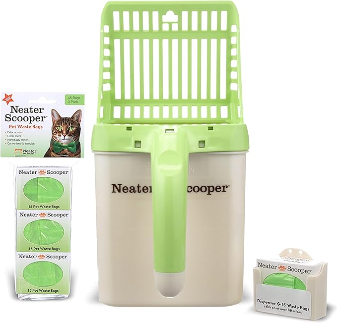 Neater Pet Brands Neater Scooper Standard Cat Litter Scoop, 60 Refill Bags – Mess-Free Cat Litter Scooper with Bag, Spill-Proof Kitty Box Sifter, Bin Doubles as Scoop Holder, For Single-Cat Households