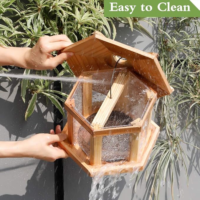 Solution4Patio Bird Feeder for Outdoors - USA Cedar Hexagon Gazebo Bird Feeders with Vented Mesh Tray, Easy-Clean & Fill Design 9.6" Dia. X 8.7" H 3.2-lb Capacity